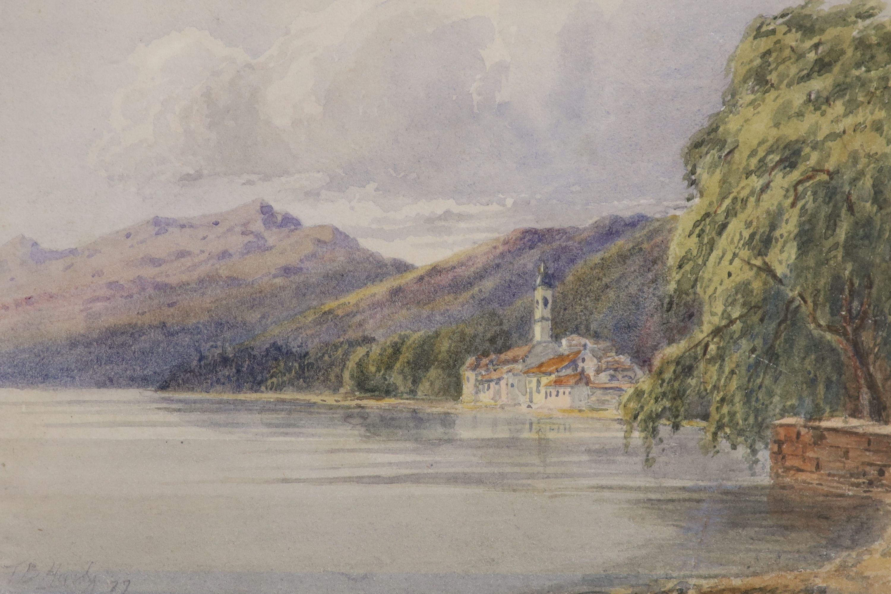 Circle of Thomas Bush Hardy, two watercolours, View of a town and Swiss lake scene, both bear signatures, 18 x 34cm and 12 x 18cm